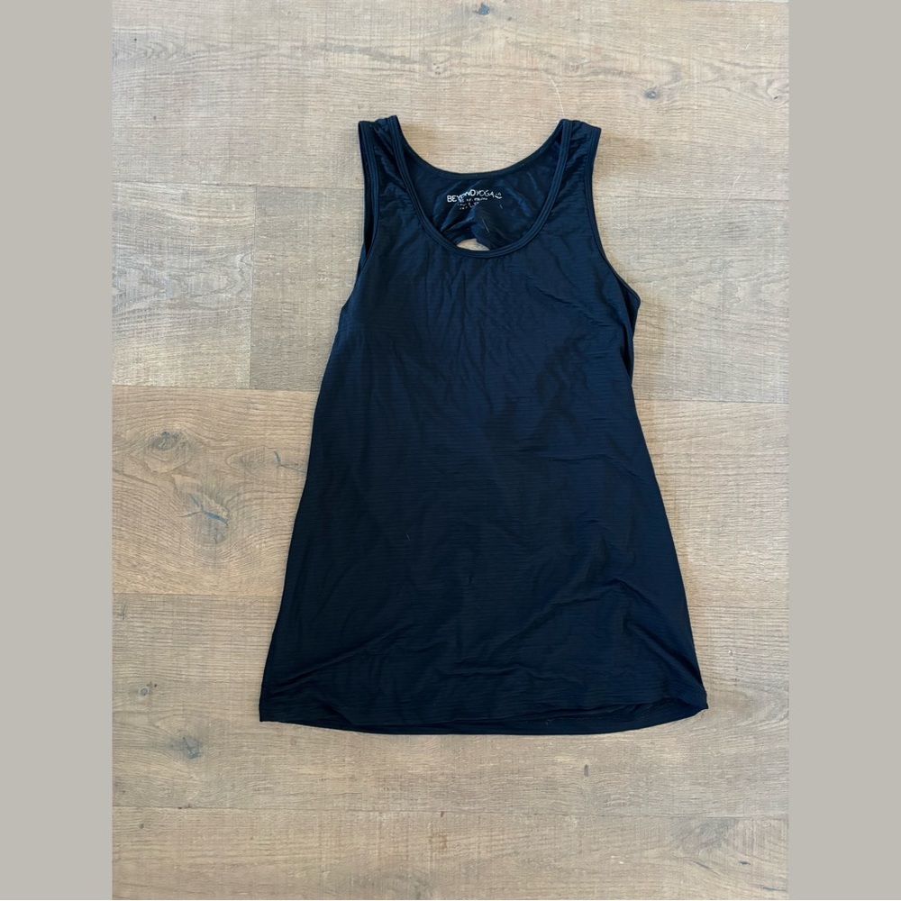 beyond yoga black sheer draped open cutout back tank top
